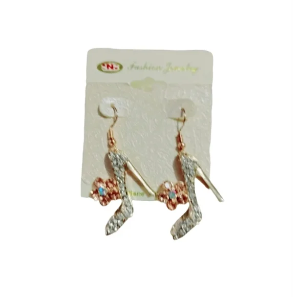 Gold-tone high-heeled shoe type earrings with rhinestones, Alloy shoes. Durable - Picture 5 of 8